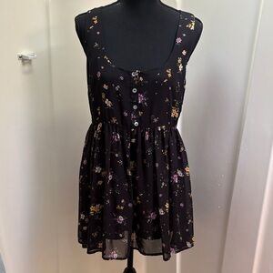 Black Floral SleevelessBABYDOLL  Romper with Purple & Yellow Flowers